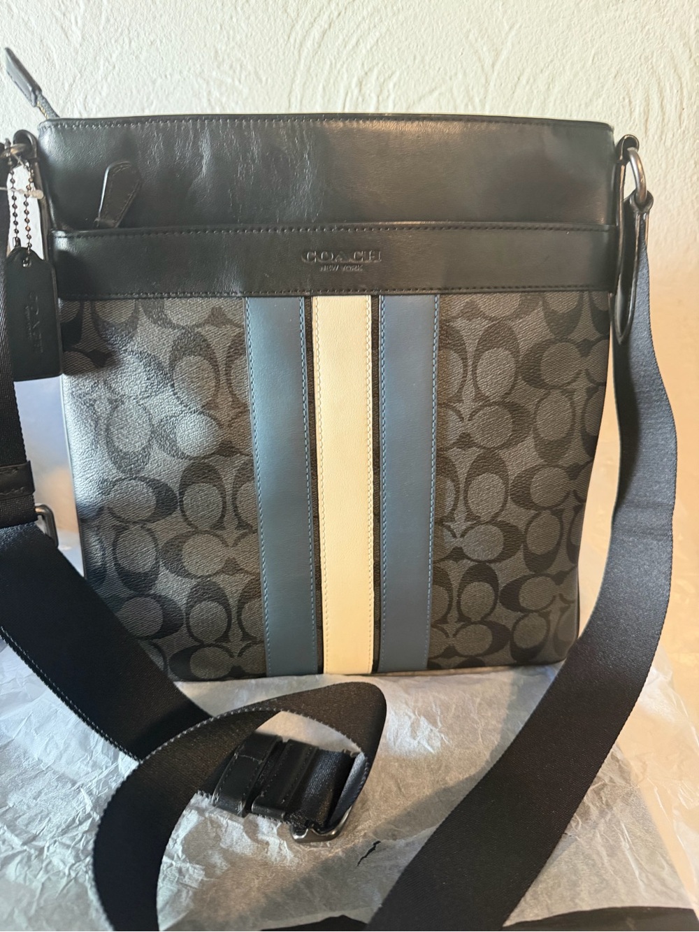 Large Coach Charlie Signature Messenger Bag with Blue and White Center Stripe - Picture 5 of 16
